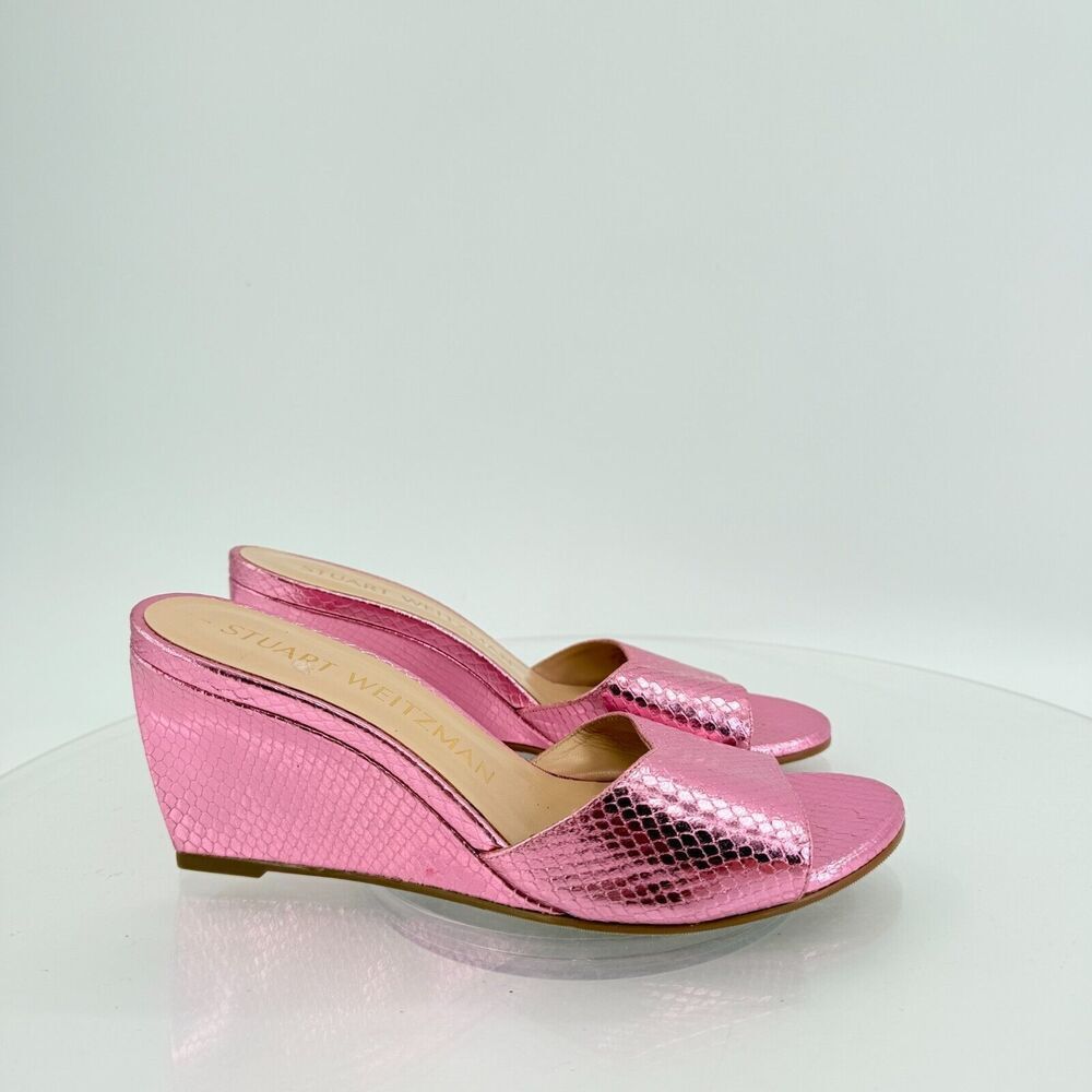 Stuart Weitzman Larunda Women's Mule Sandal Size 7.5 Wedge Heel Pink Slide Snake - Picture 3 of 16